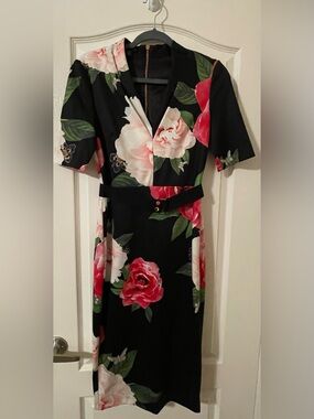 Ted Baker London Floral V-Neck Sheath Dress in Black with Pink Rose Print